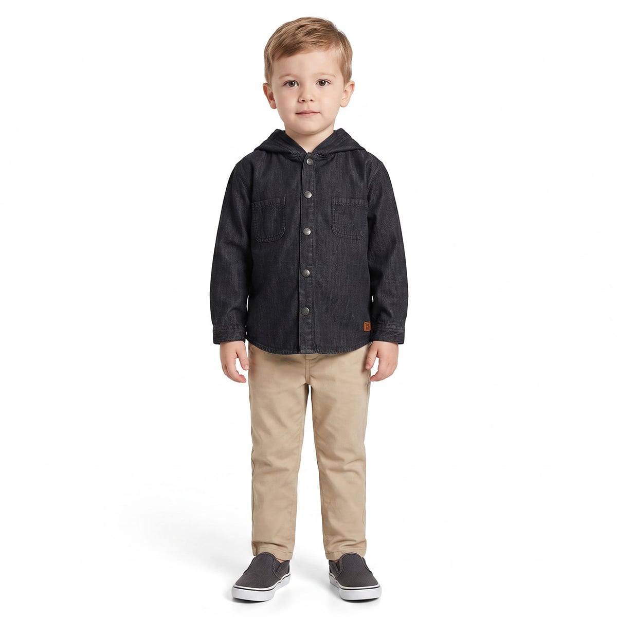 Baby Boys Black Cotton Blend Hooded Denim Shirt Regular Fit Casual Wear