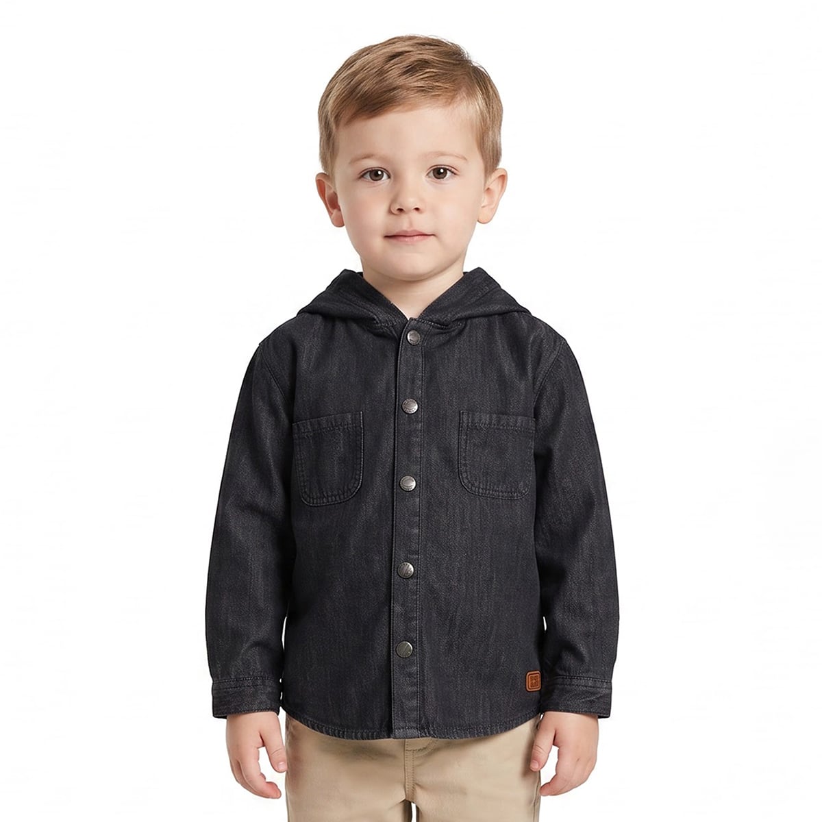 Baby Boys Black Cotton Blend Hooded Denim Shirt Regular Fit Casual Wear