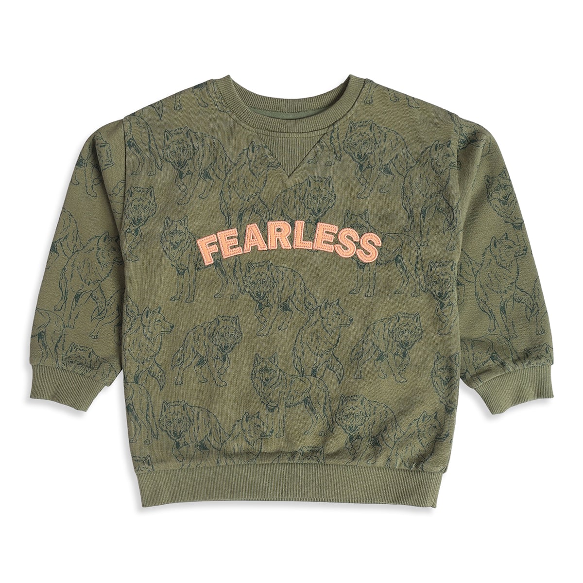 Boys Olive Green Cotton Blend Wolf Sweatshirt Fearless Applique Full Sleeve Casual Wear