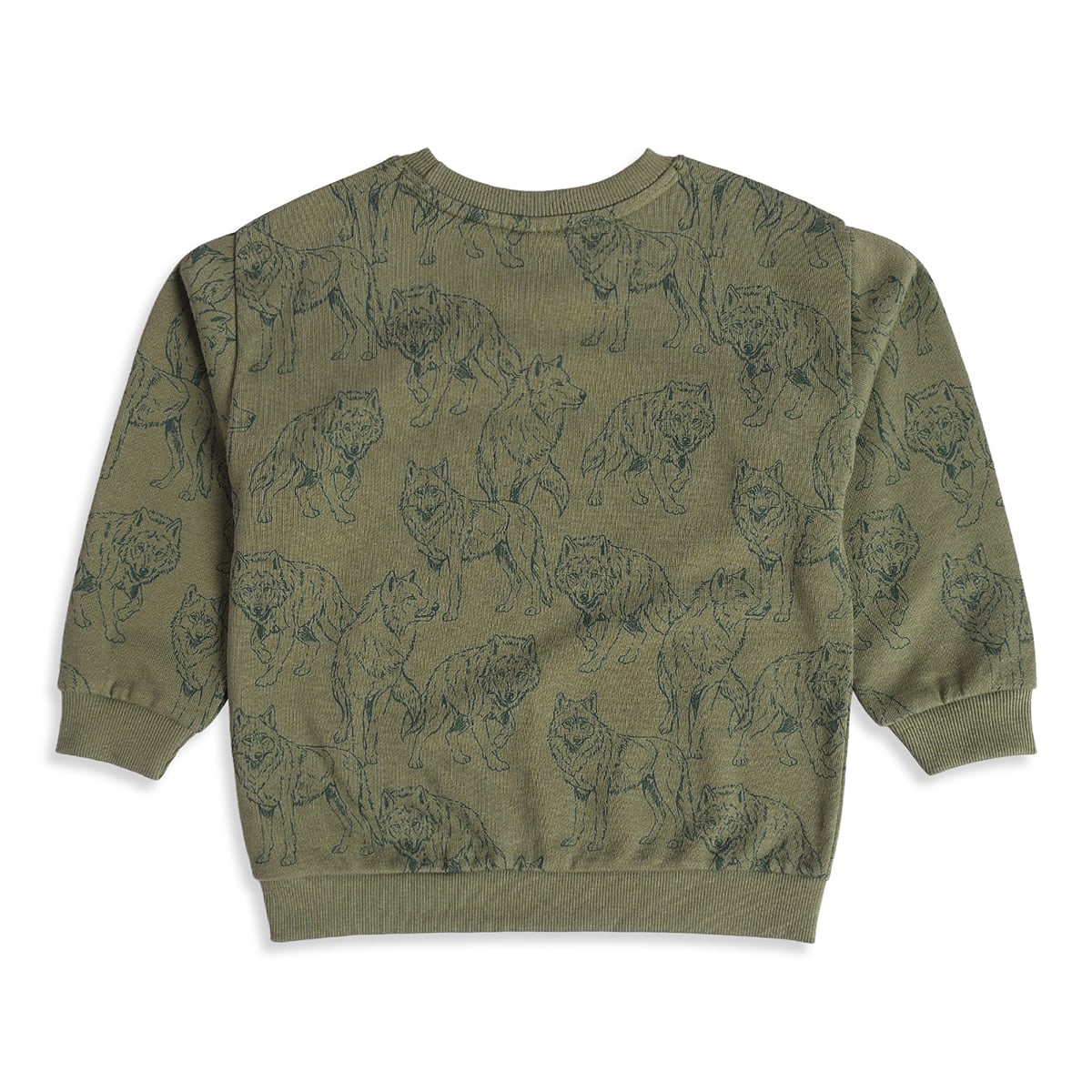 Boys Olive Green Cotton Blend Wolf Sweatshirt Fearless Applique Full Sleeve Casual Wear