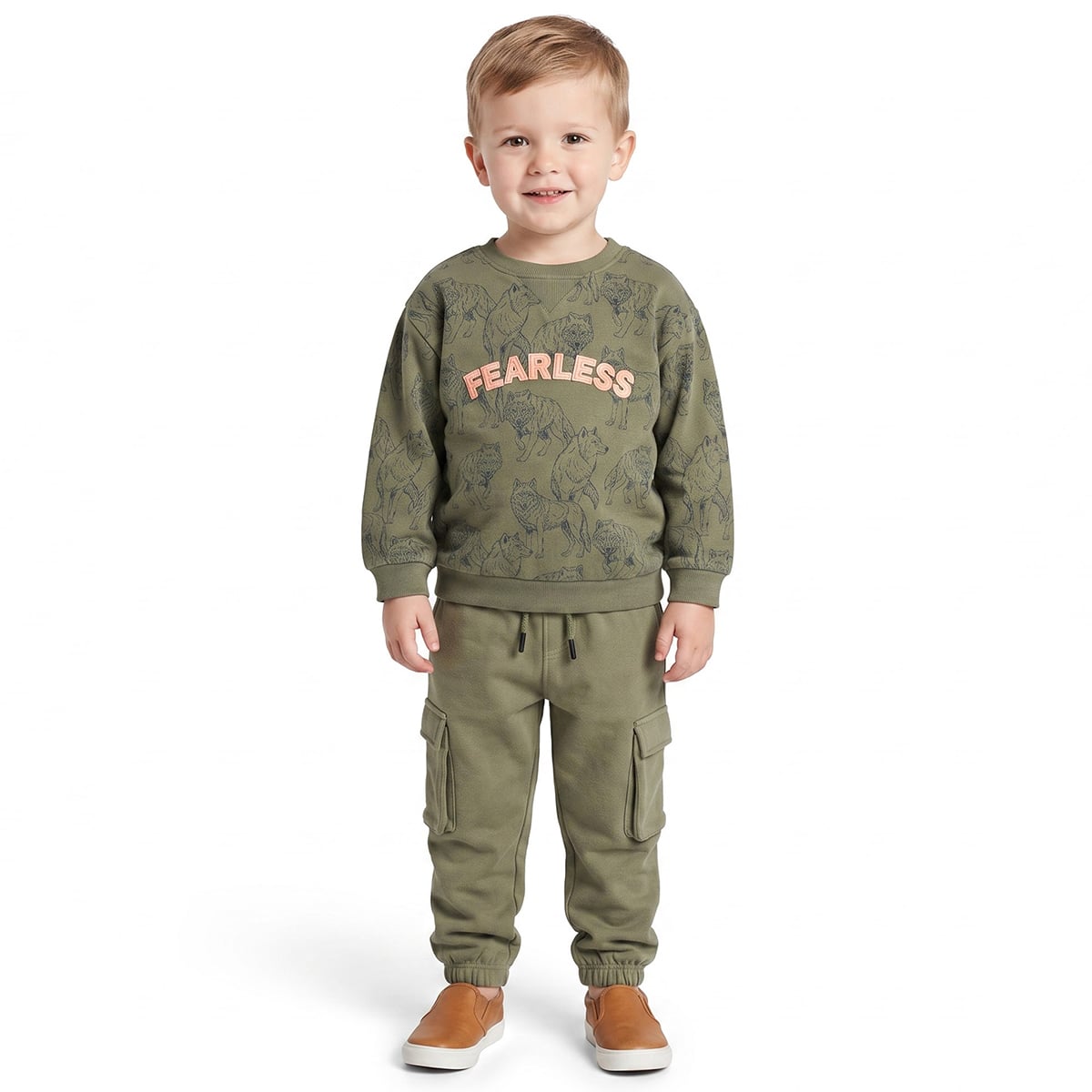 Boys Olive Green Cotton Blend Wolf Sweatshirt Fearless Applique Full Sleeve Casual Wear
