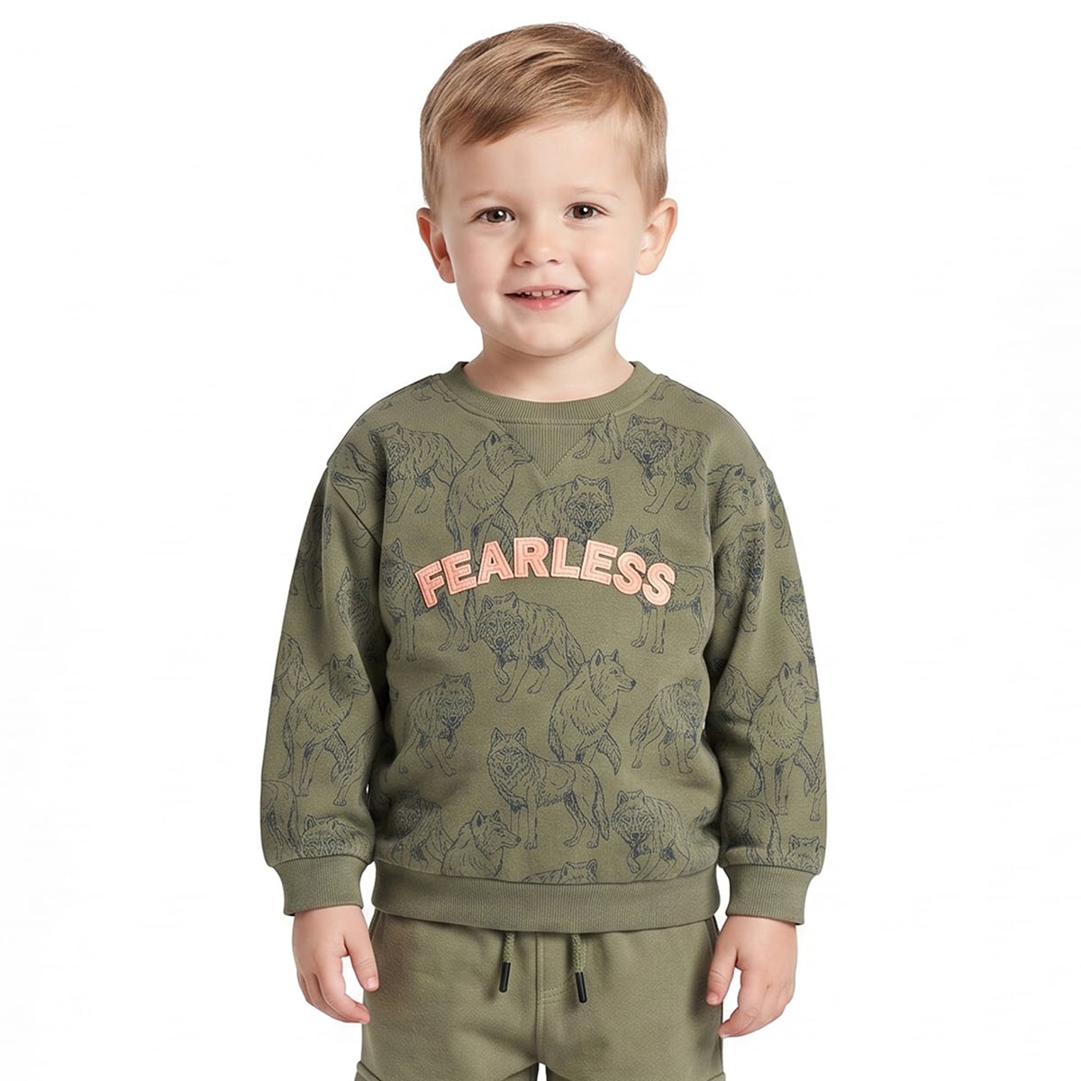 Boys Olive Green Cotton Blend Wolf Sweatshirt Fearless Applique Full Sleeve Casual Wear