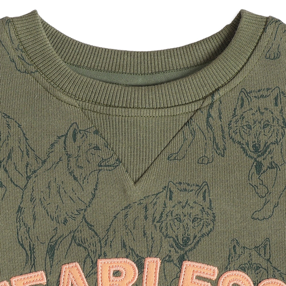 Boys Olive Green Cotton Blend Wolf Sweatshirt Fearless Applique Full Sleeve Casual Wear
