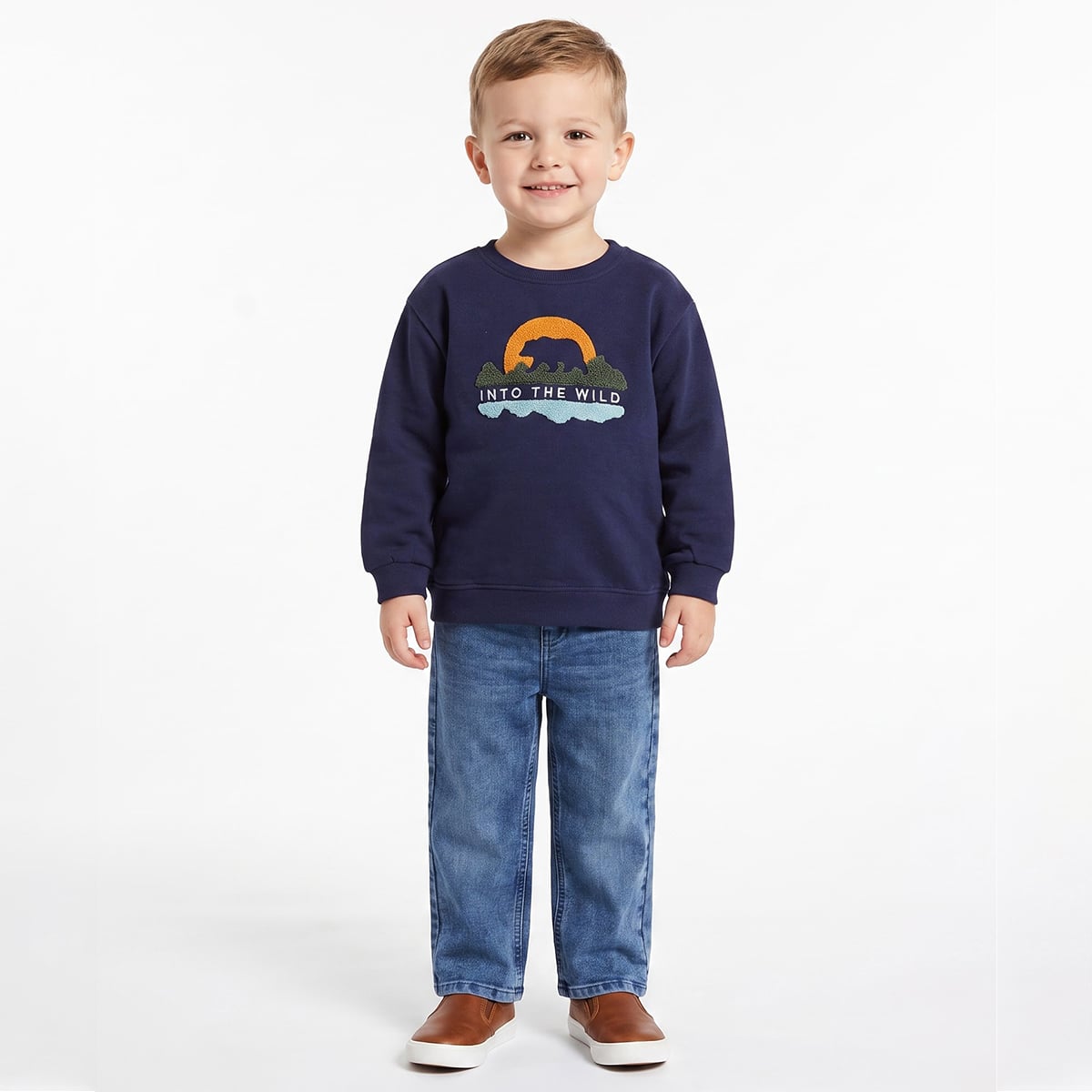 Boys Navy Blue Cotton Blend Bear Applique Sweatshirt Full Sleeve Casual Wear