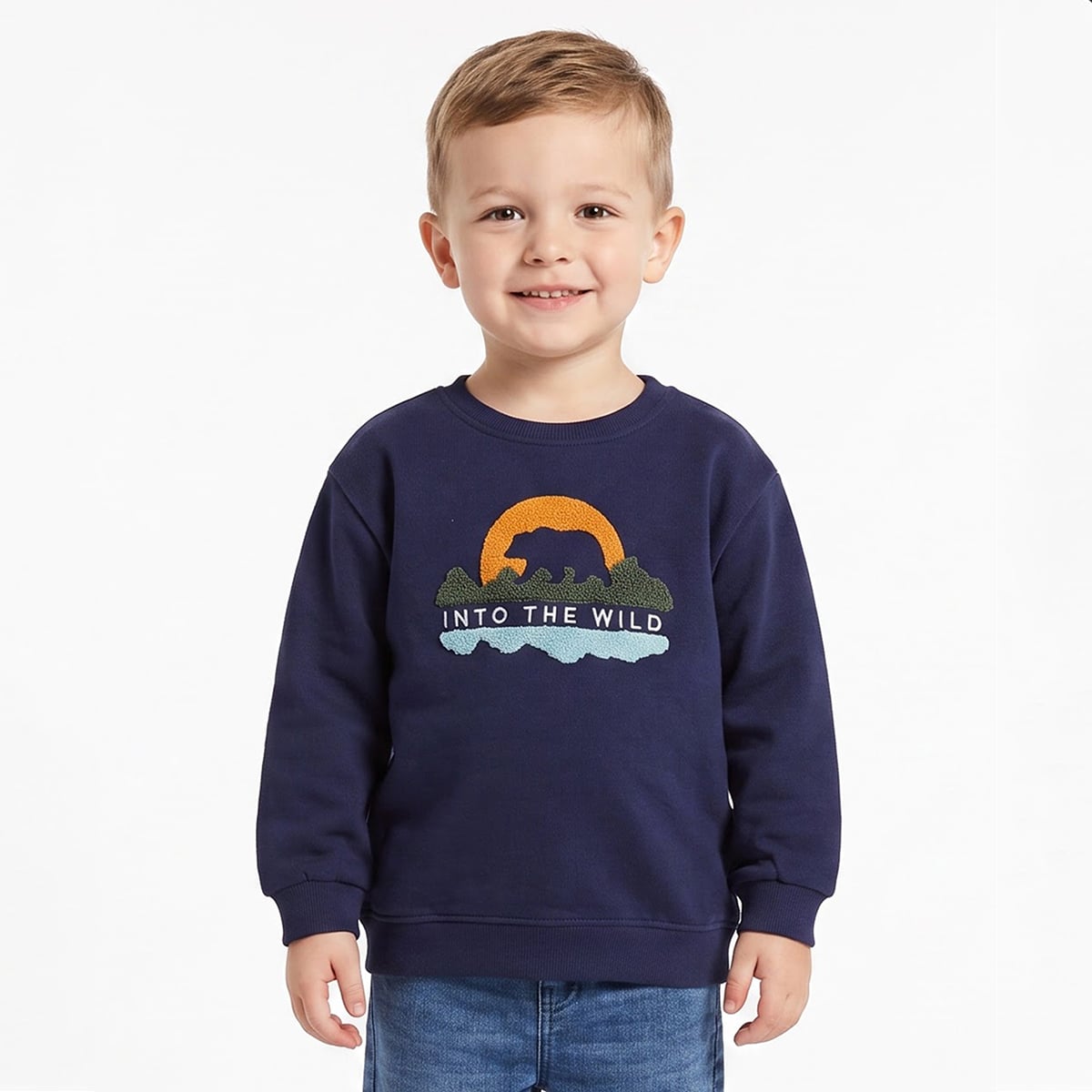 Boys Navy Blue Cotton Blend Bear Applique Sweatshirt Full Sleeve Casual Wear