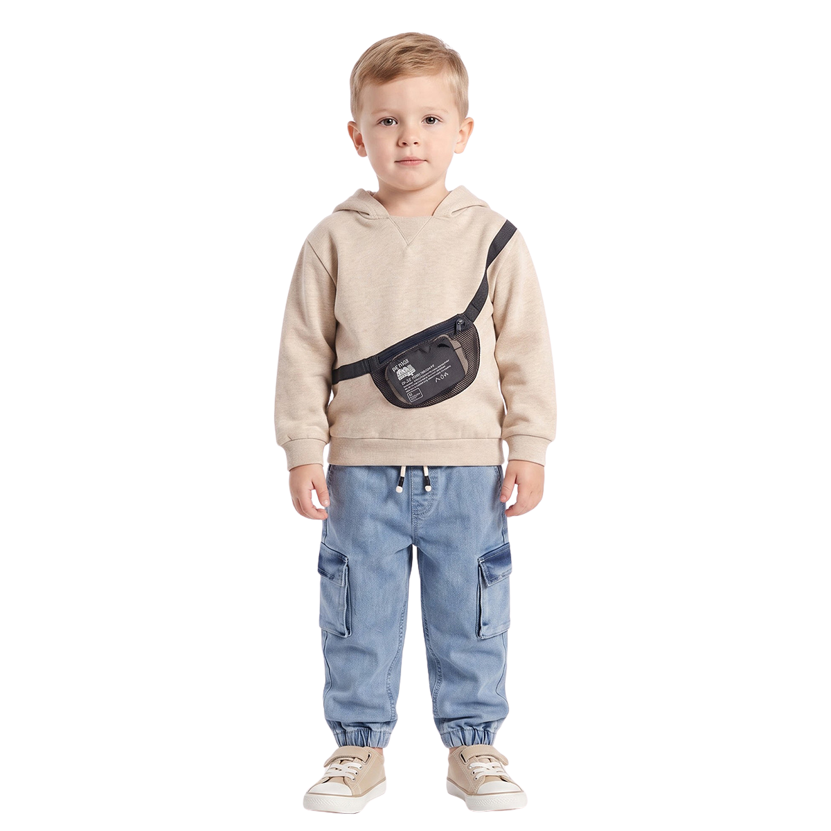 Boys Beige Cotton Blend Hooded Sweatshirt with Crossbody Zip Pocket