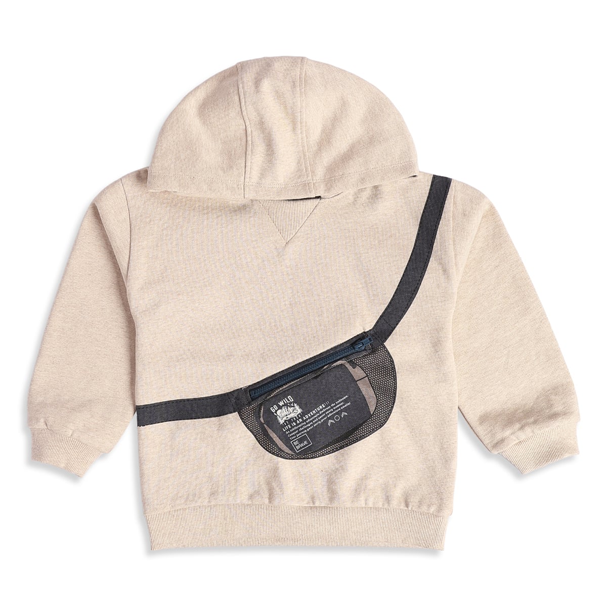 Boys Beige Cotton Blend Hooded Sweatshirt with Crossbody Zip Pocket Casual Wear