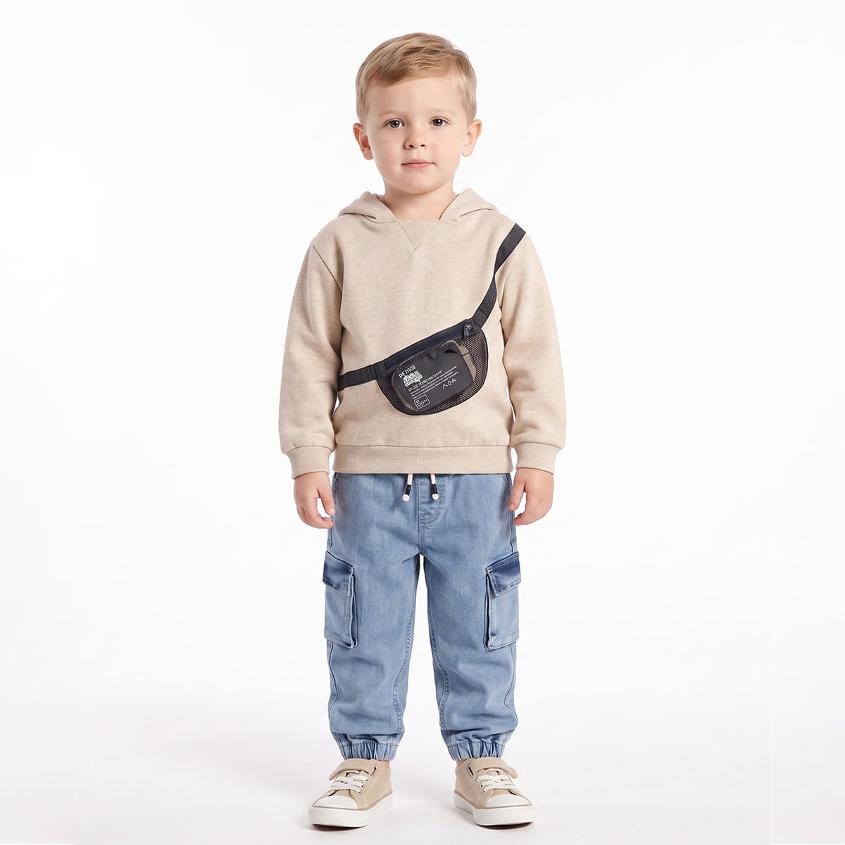 Boys Beige Cotton Blend Hooded Sweatshirt with Crossbody Zip Pocket Casual Wear