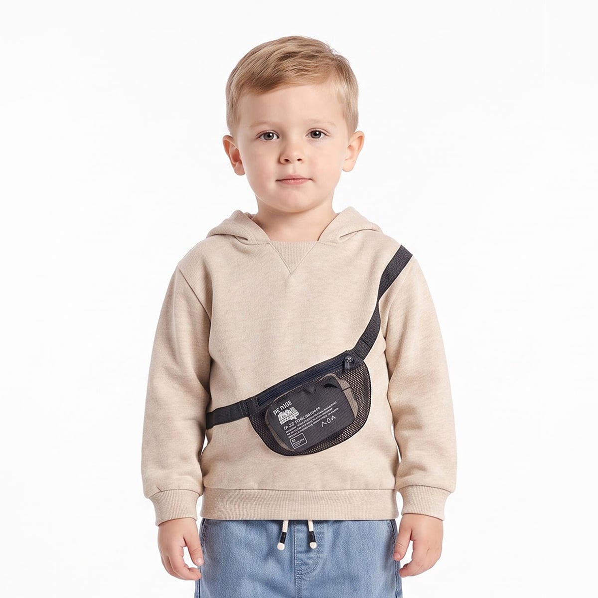 Boys Beige Cotton Blend Hooded Sweatshirt with Crossbody Zip Pocket Casual Wear