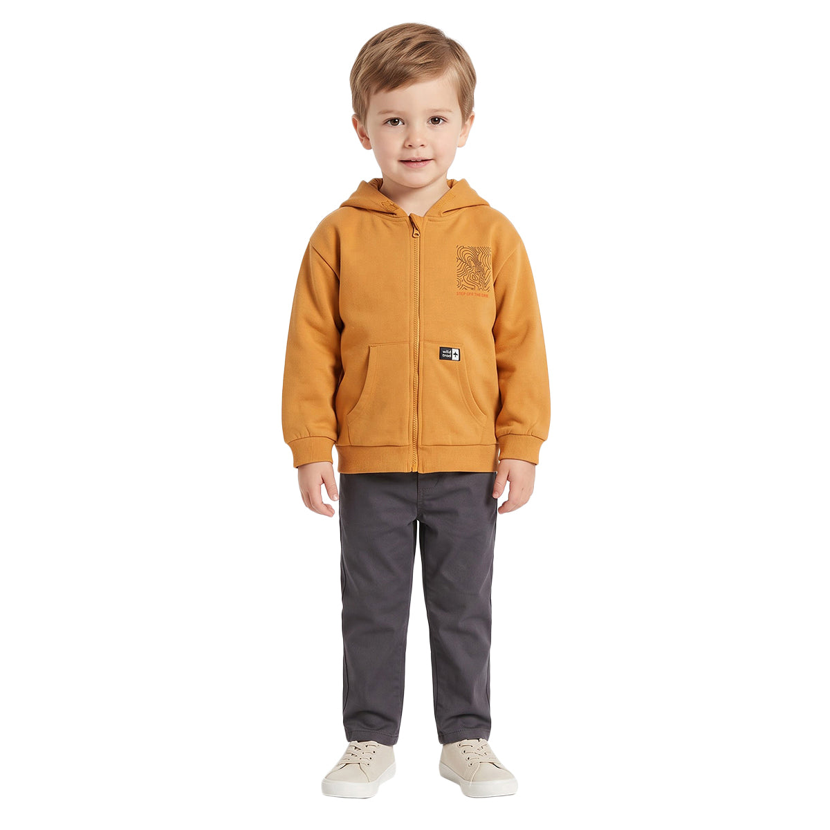 Boys Mustard Cotton Blend Graphic Zip Hoodie Regular Fit Casual Wear
