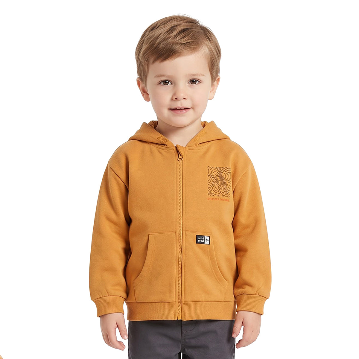 Boys Mustard Cotton Blend Graphic Zip Hoodie Regular Fit Casual Wear