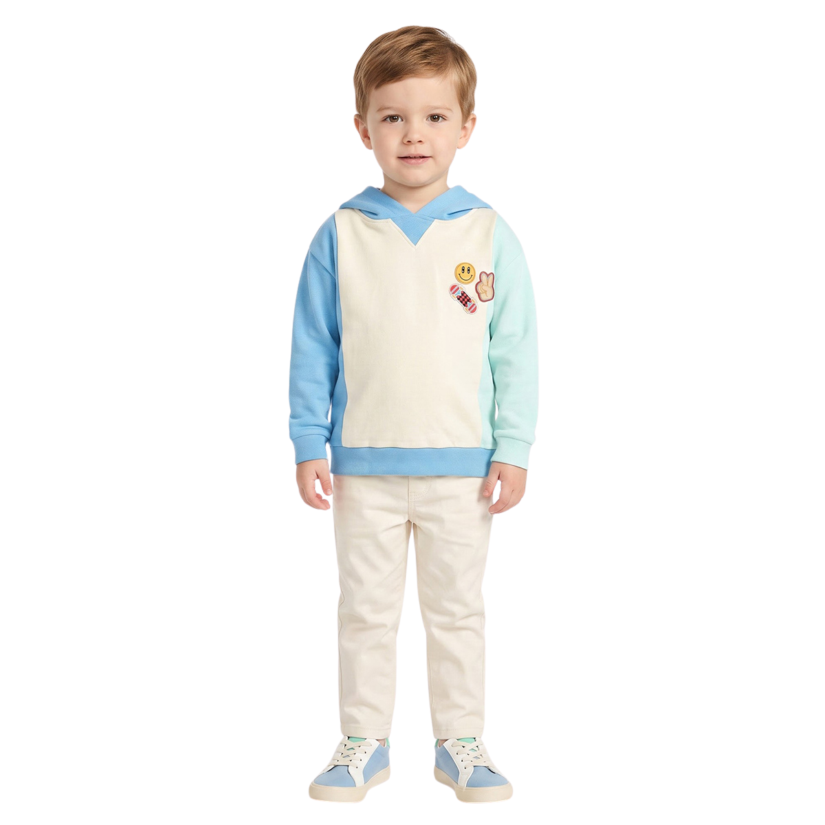 Baby Boys Blue Cream and Mint Hooded Sweatshirt With Applique Detail