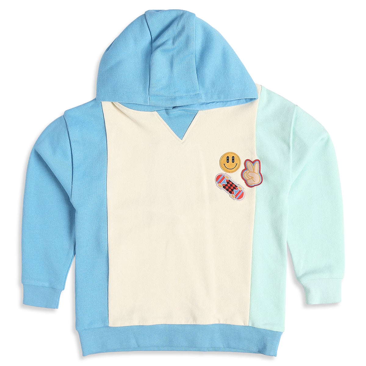 Baby Boys Blue Cream And Mint Colour Block Hooded Sweatshirt With Applique Detail Regular Fit Casual Wear