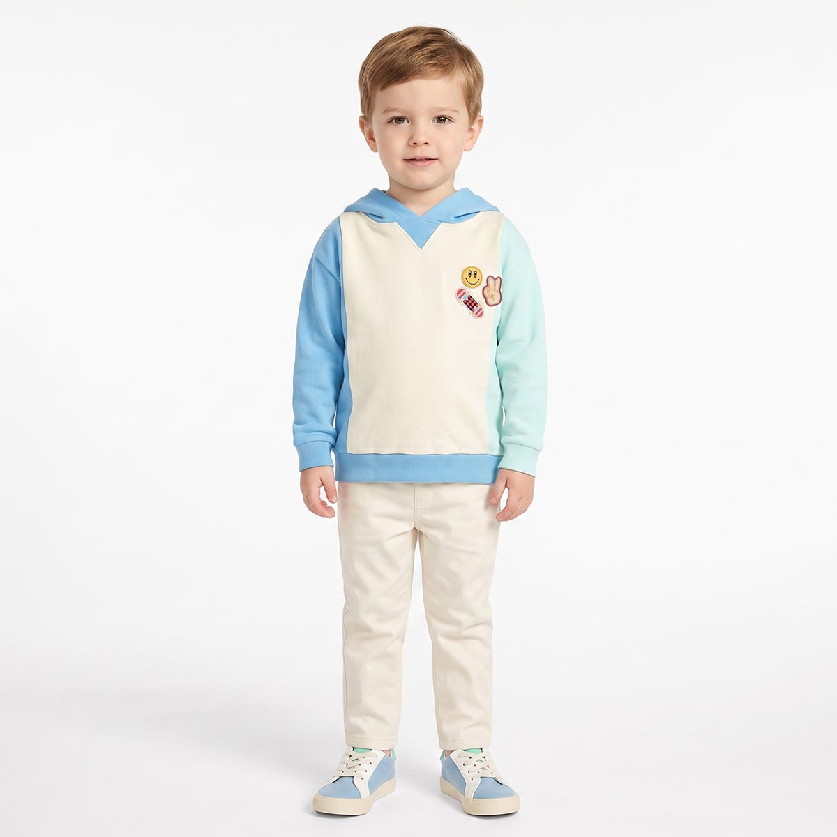 Baby Boys Blue Cream And Mint Colour Block Hooded Sweatshirt With Applique Detail Regular Fit Casual Wear