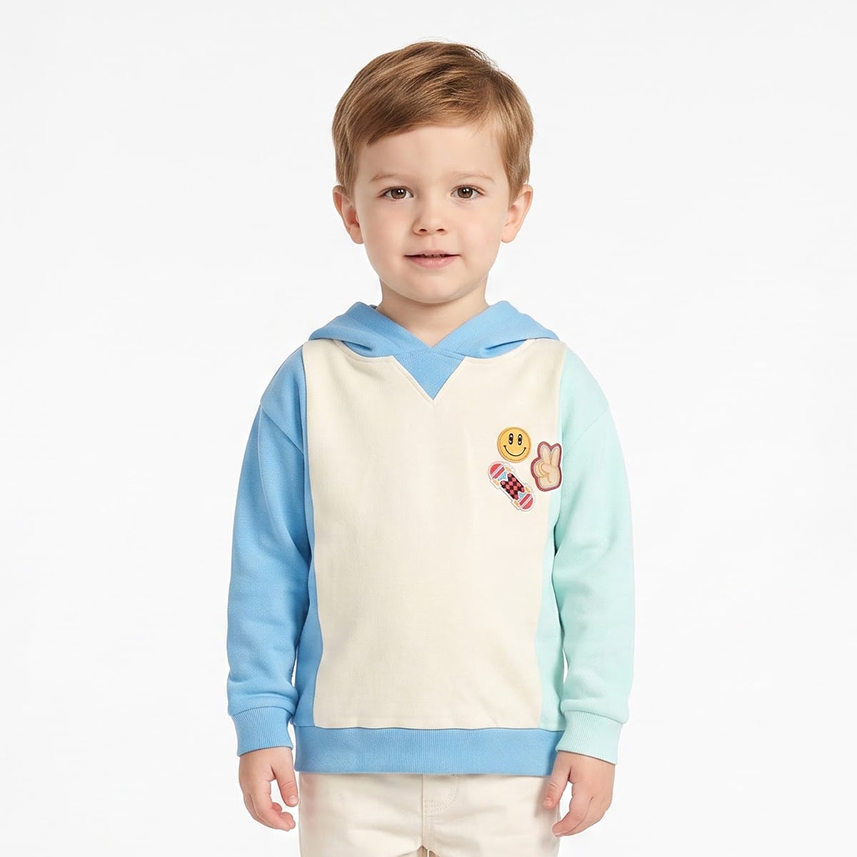Baby Boys Blue Cream And Mint Colour Block Hooded Sweatshirt With Applique Detail Regular Fit Casual Wear