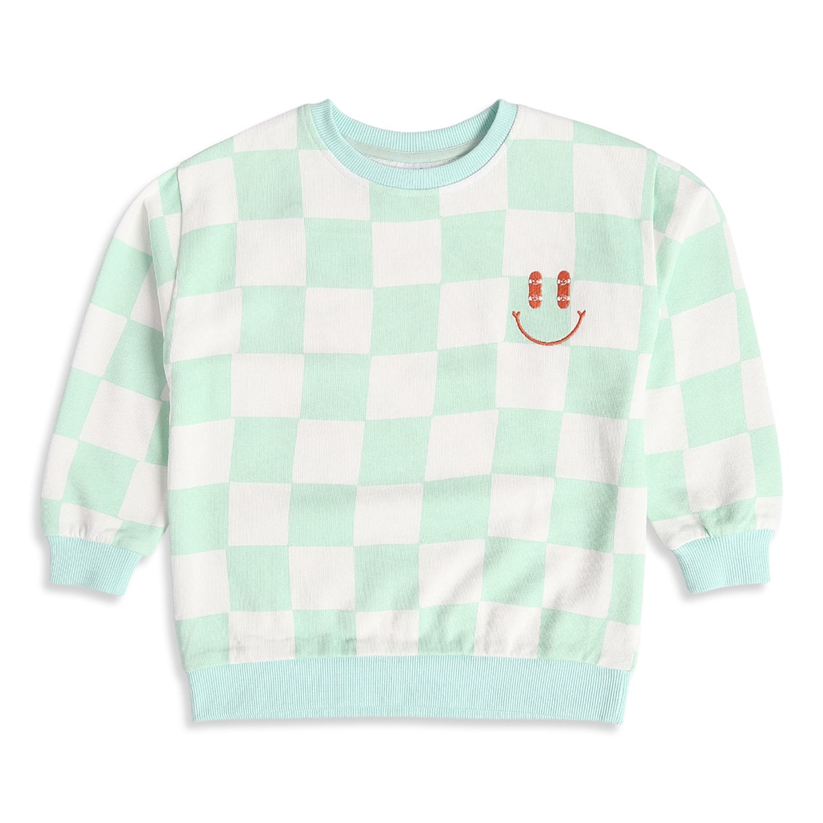 Baby Boys Mint Green and White Cotton Blend Checked Smiley Embroidered Sweatshirt Regular Fit Casual Wear