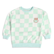 Baby Boys Mint Green and White Cotton Blend Checked Smiley Embroidered Sweatshirt Regular Fit Casual Wear
