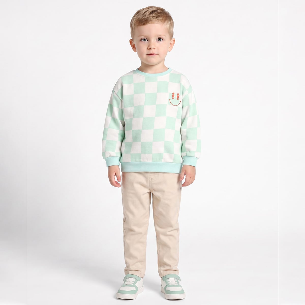 Baby Boys Mint Green and White Cotton Blend Checked Smiley Embroidered Sweatshirt Regular Fit Casual Wear