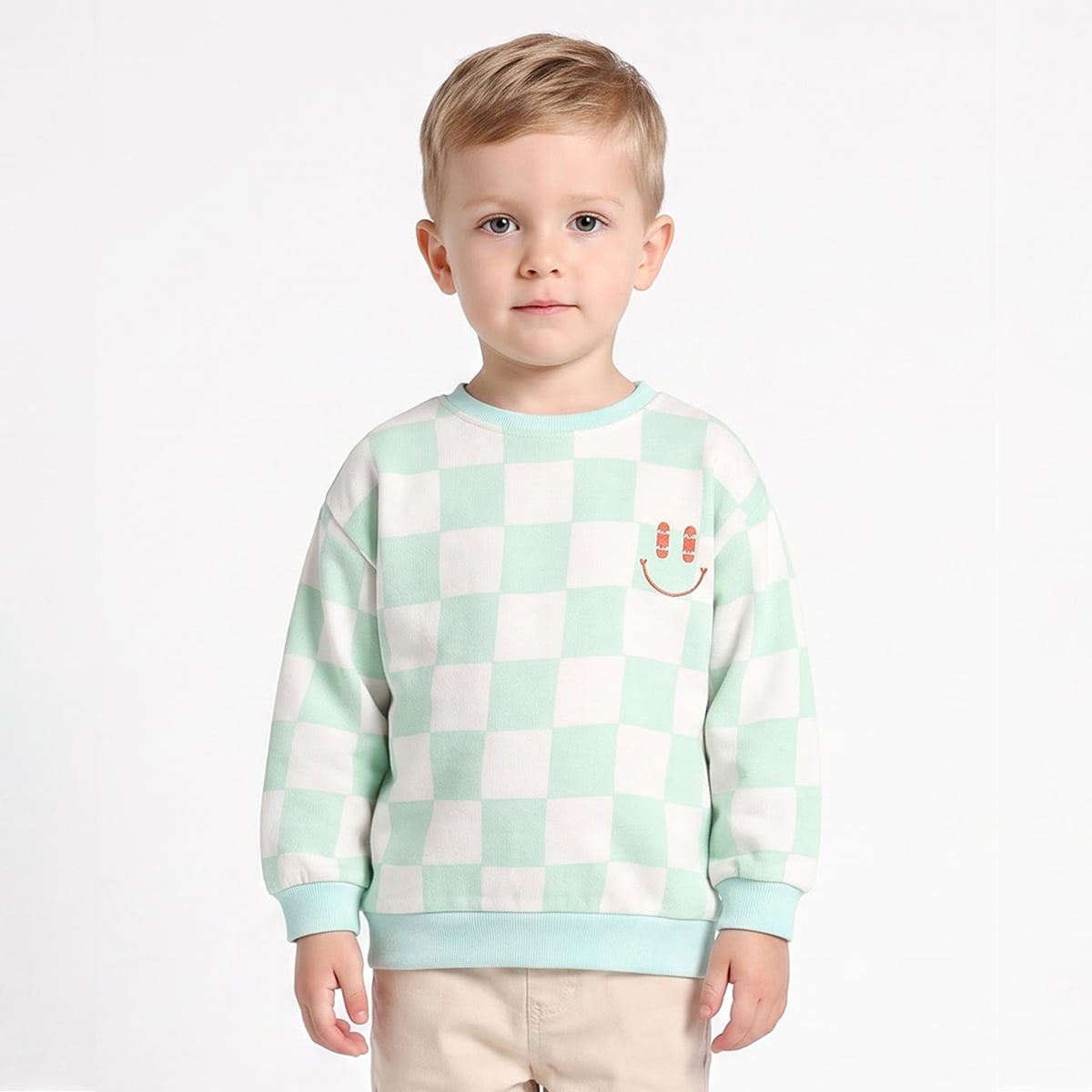 Baby Boys Mint Green and White Cotton Blend Checked Smiley Embroidered Sweatshirt Regular Fit Casual Wear
