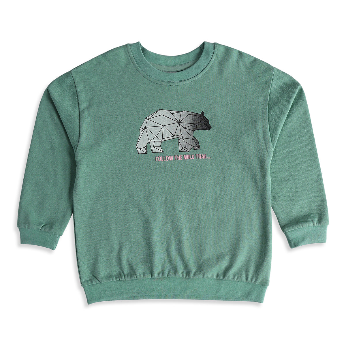 Boys Sage Green Cotton Blend Bear Sweatshirt Regular Fit Casual Wear