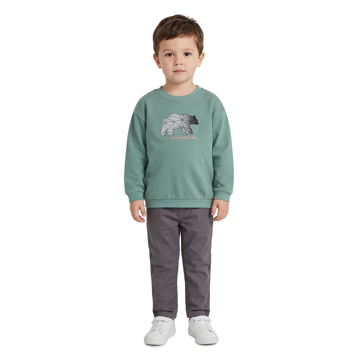 Boys Sage Green Cotton Blend Bear Sweatshirt Regular Fit Casual Wear