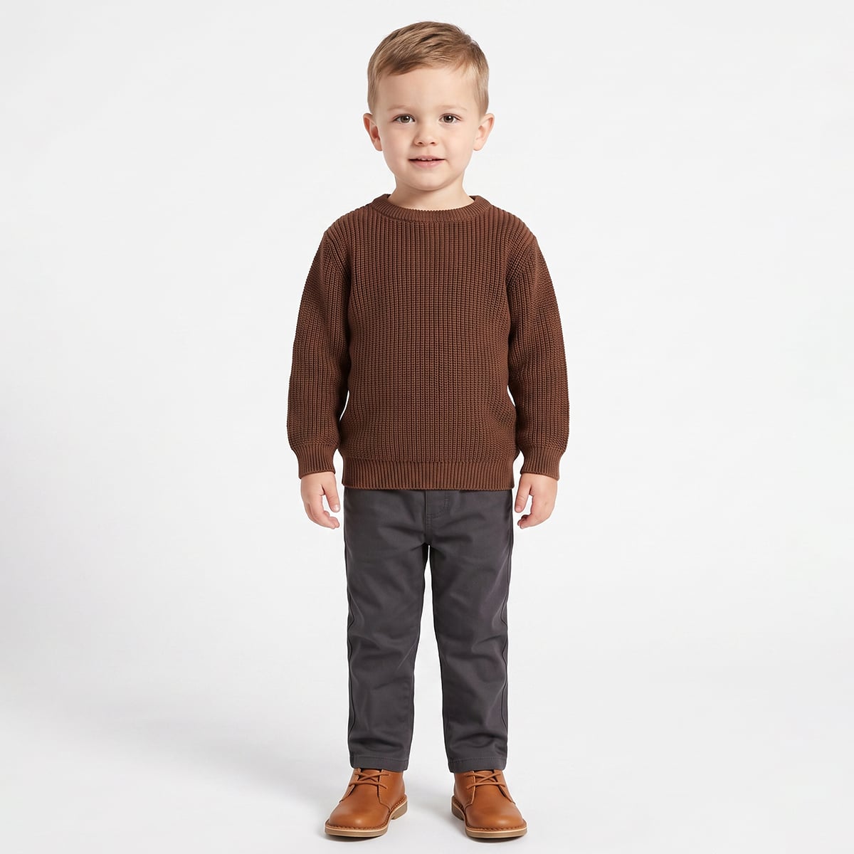 Baby Boys Brown Cotton Blend Solid Knitted Sweater Regular Fit Casual Wear