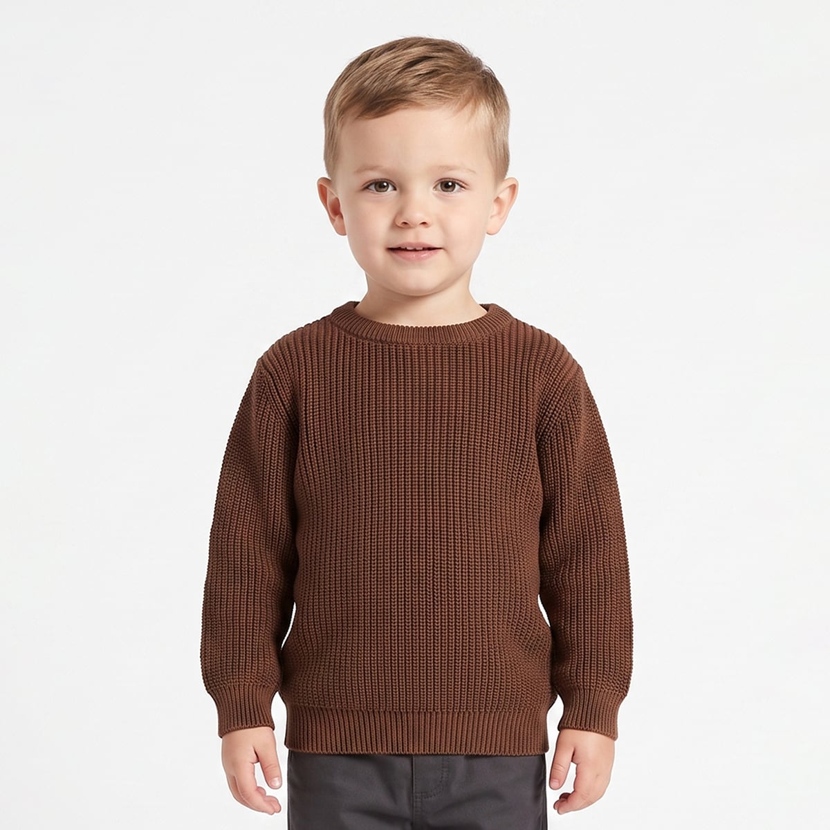 Baby Boys Brown Cotton Blend Solid Knitted Sweater Regular Fit Casual Wear