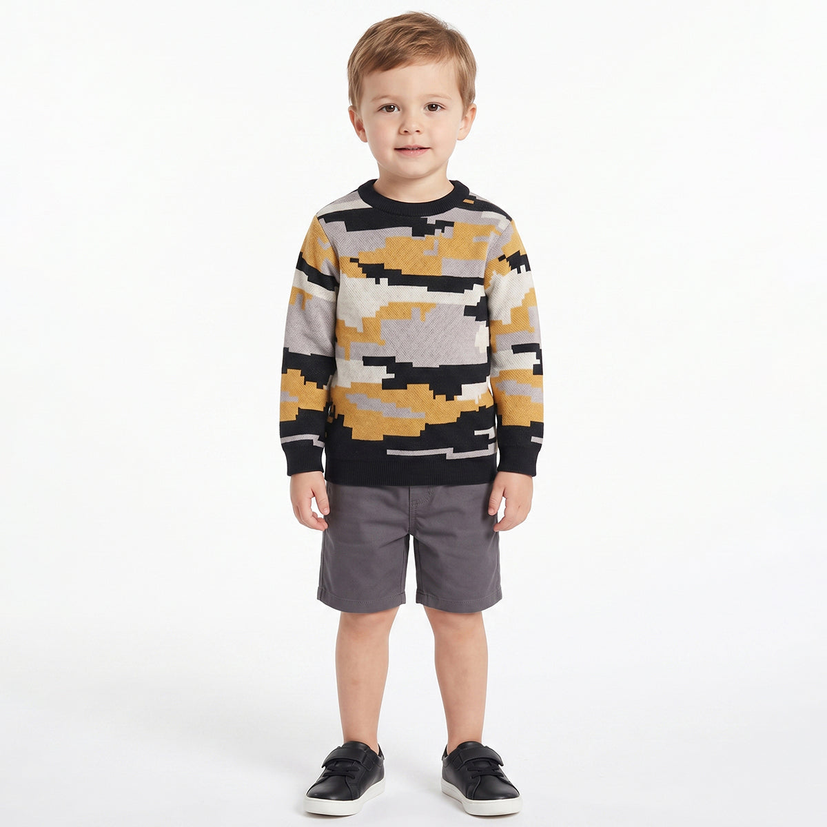 Boys Mustard, Black and Grey Knit Camouflage Sweater Casual Winter Wear