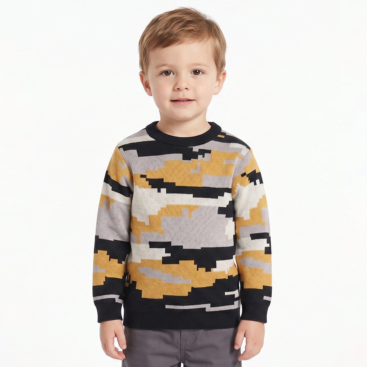 Boys Mustard, Black and Grey Knit Camouflage Sweater Casual Winter Wear