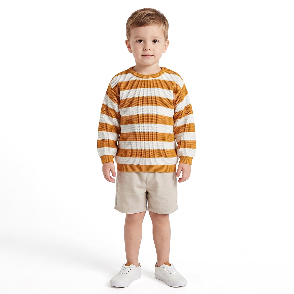 Boys Mustard and White Acrylic Striped Sweater Regular Casual Wear