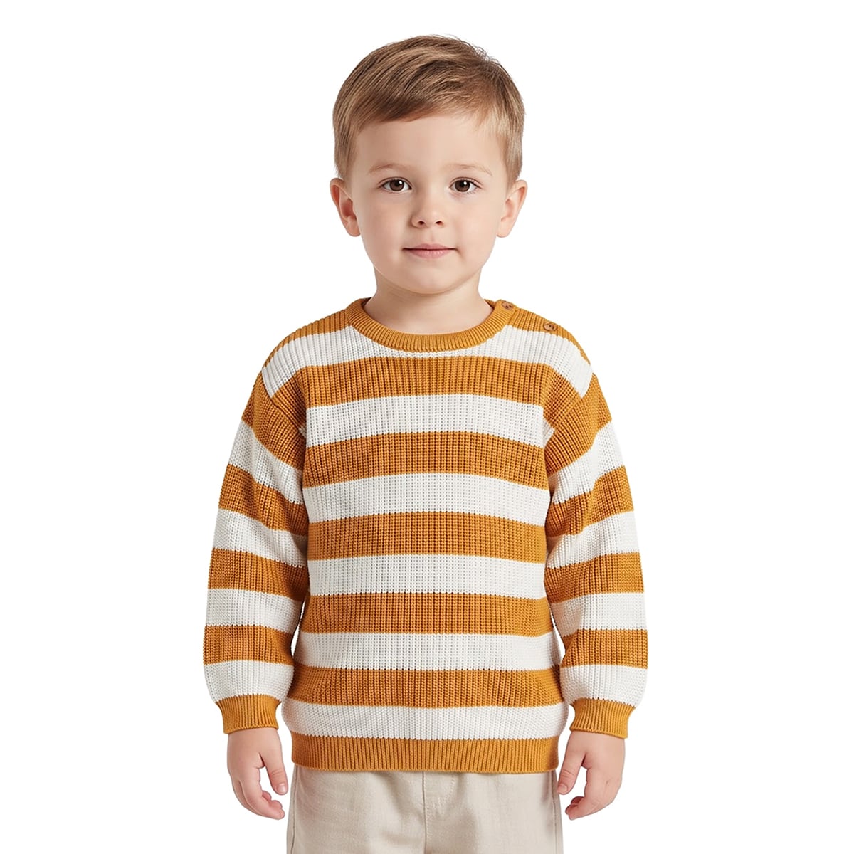 Boys Mustard and White Acrylic Striped Sweater Regular Casual Wear