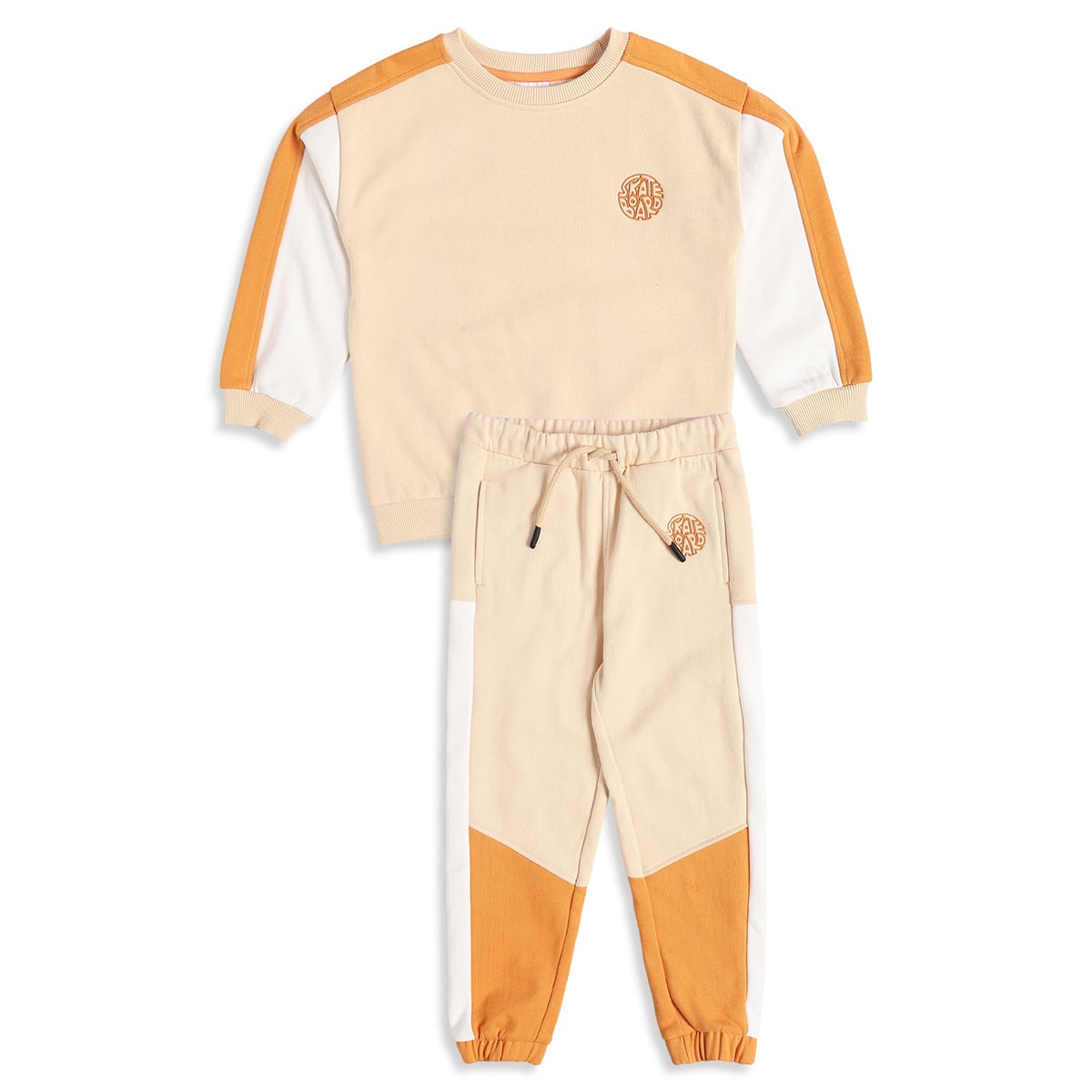 Baby Boys Beige Orange And White Cotton Blend Colour Block Sweatshirt And Jogger Pants Set Regular Fit Casual Wear
