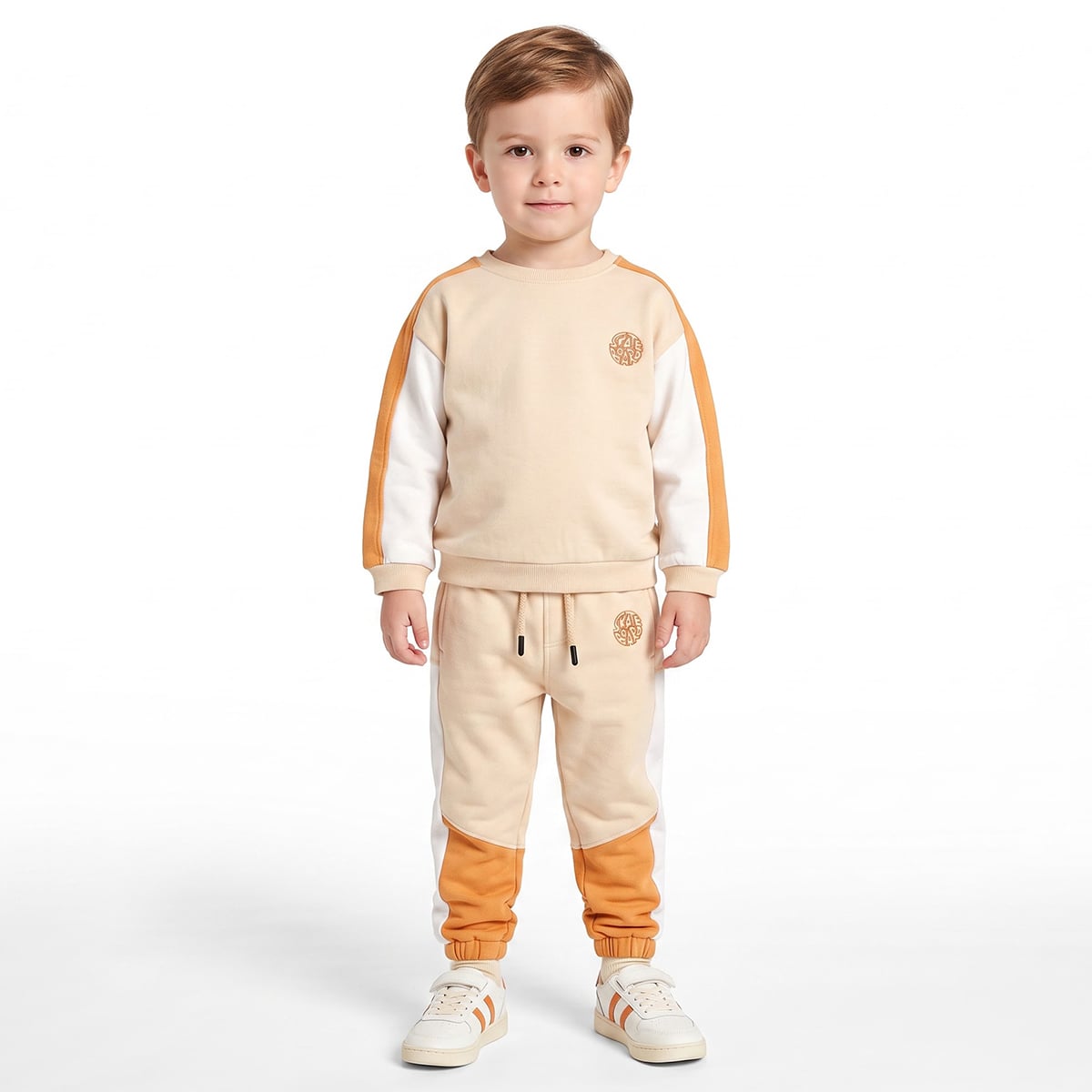 Baby Boys Beige Orange And White Cotton Blend Colour Block Sweatshirt And Jogger Pants Set Regular Fit Casual Wear