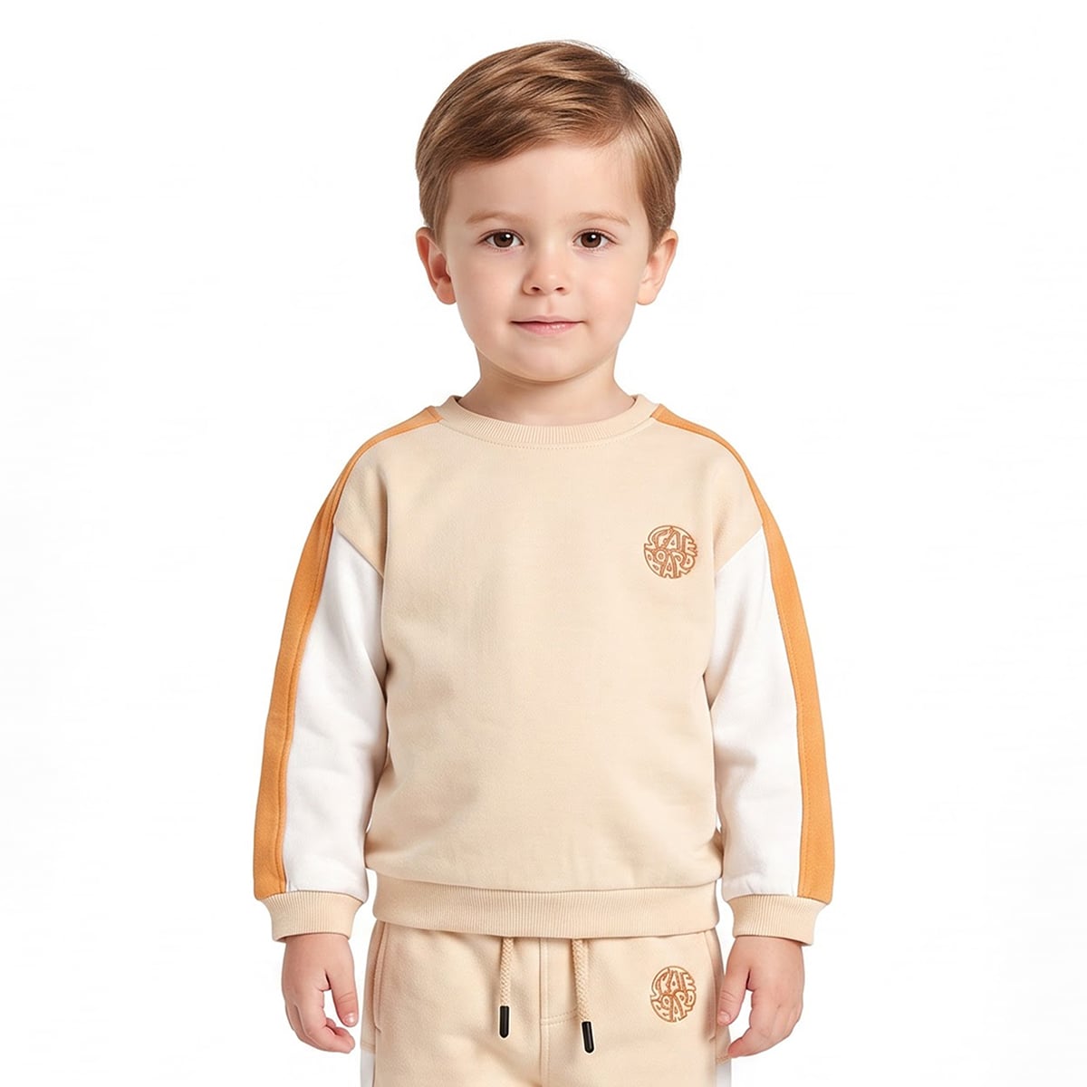 Baby Boys Beige Orange And White Cotton Blend Colour Block Sweatshirt And Jogger Pants Set Regular Fit Casual Wear