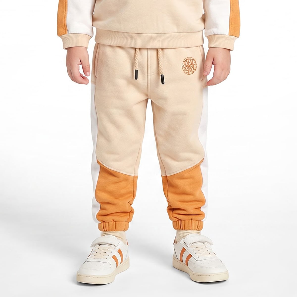 Baby Boys Beige Orange And White Cotton Blend Colour Block Sweatshirt And Jogger Pants Set Regular Fit Casual Wear