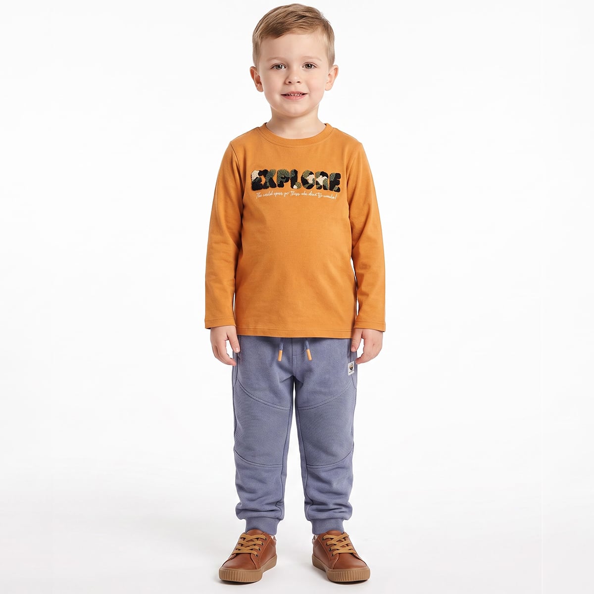 Boys Mustard Cotton Explore Chenille Applique T-Shirt Full Sleeve Casual Wear