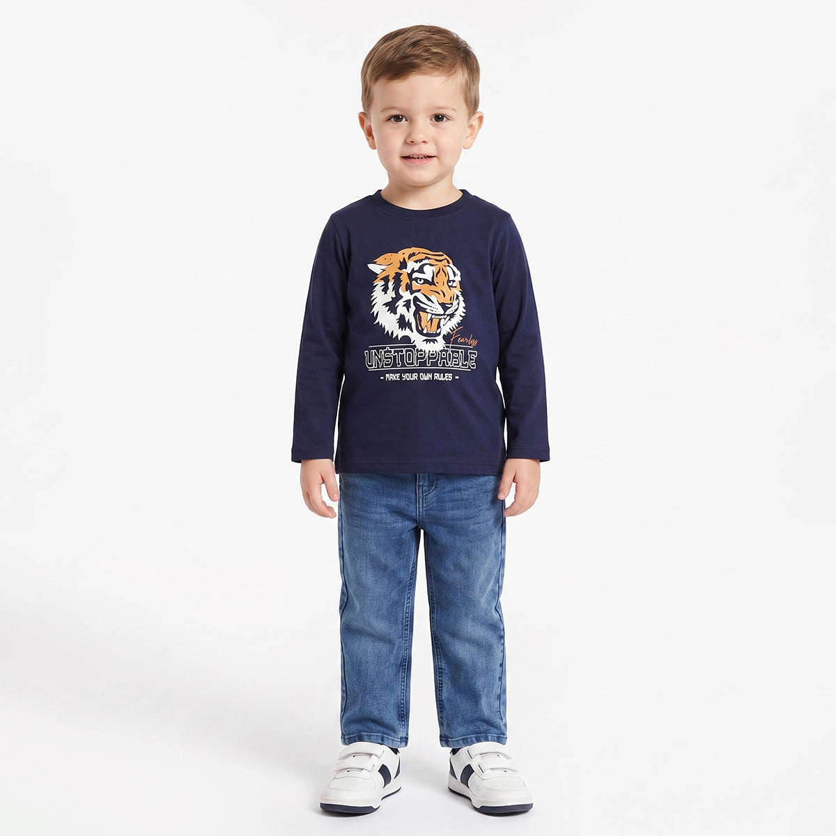 Boys Navy Blue Cotton Tiger Graphic T-Shirt Regular Fit Casual Kids T-Shirt