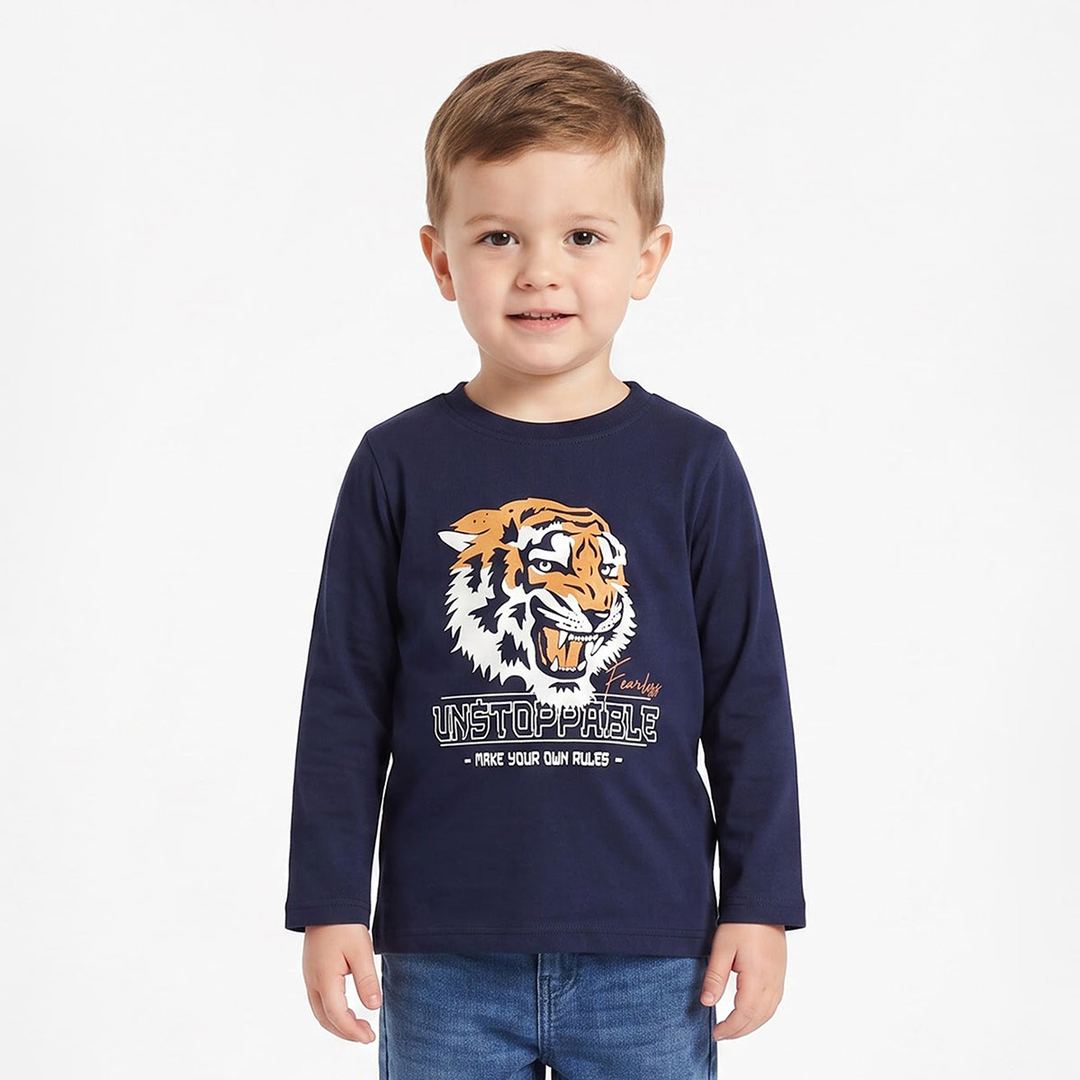 Boys Navy Blue Cotton Tiger Graphic T-Shirt Regular Fit Casual Kids T-Shirt