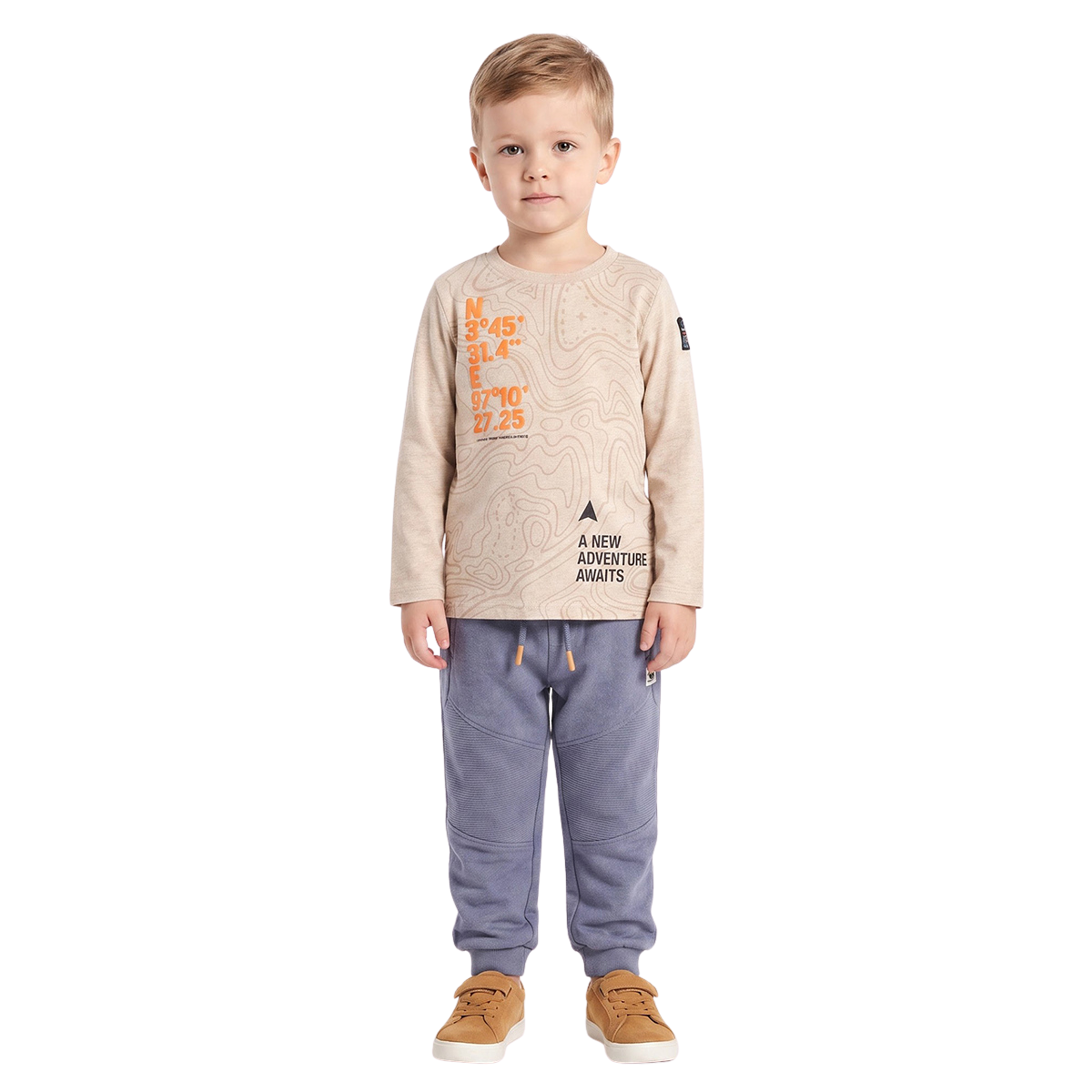 Boys Beige Cotton Adventure Graphic T Shirt Full Sleeve Casual Wear