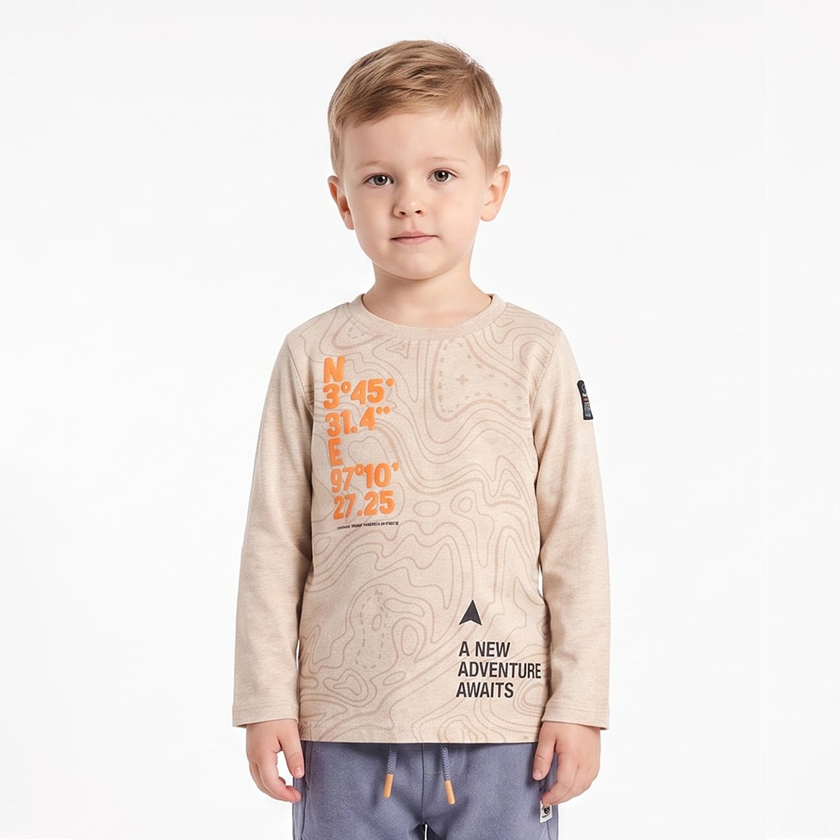 Boys Beige Cotton Adventure Graphic T Shirt Full Sleeve Casual Wear
