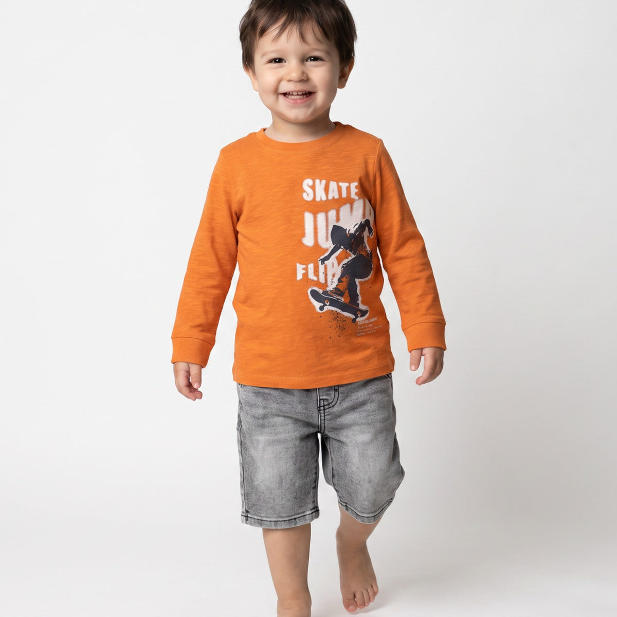 Boys Orange Cotton Skateboard Graphic T-Shirt Regular Fit Casual Kids T-Shirt