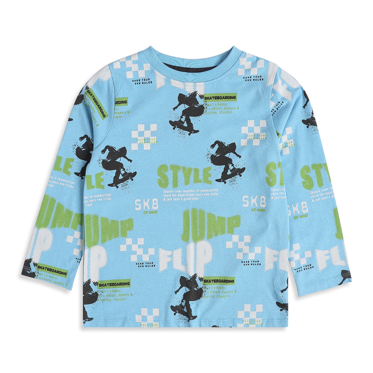 Boys Sky Blue Cotton Skateboard Print T-Shirt Regular Fit Casual Kids T-Shirt