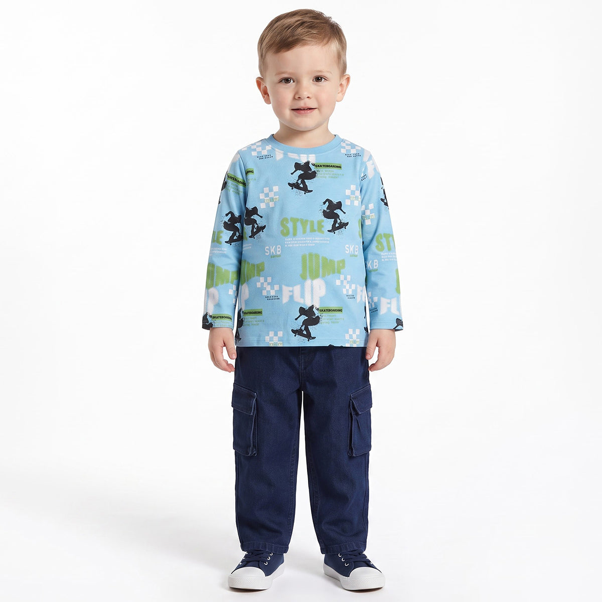 Boys Sky Blue Cotton Skateboard Print T-Shirt Regular Fit Casual Kids T-Shirt