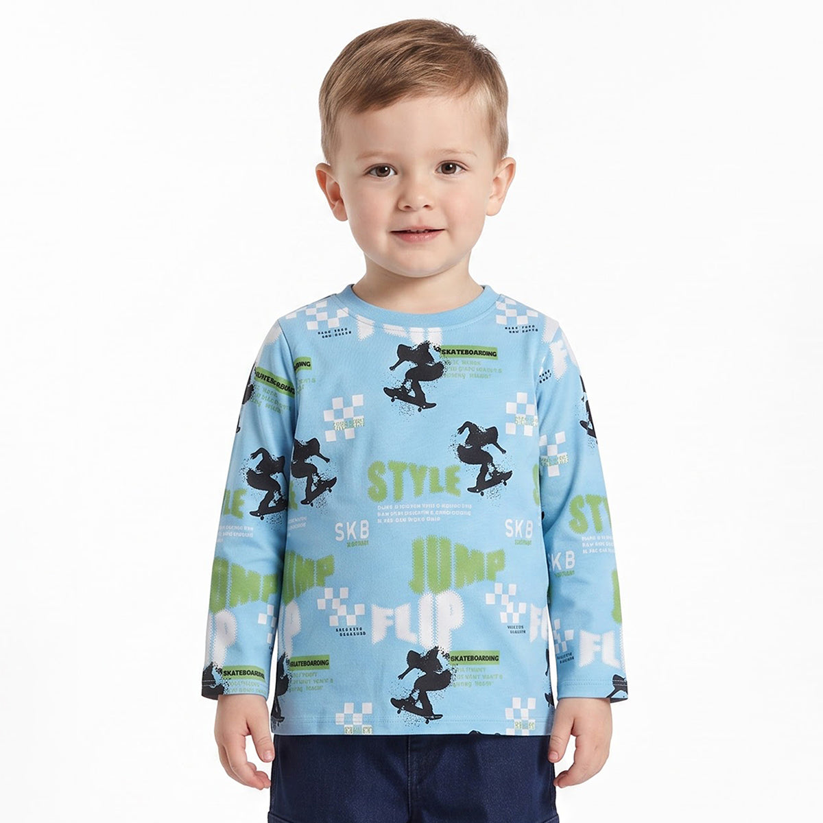 Boys Sky Blue Cotton Skateboard Print T-Shirt Regular Fit Casual Kids T-Shirt
