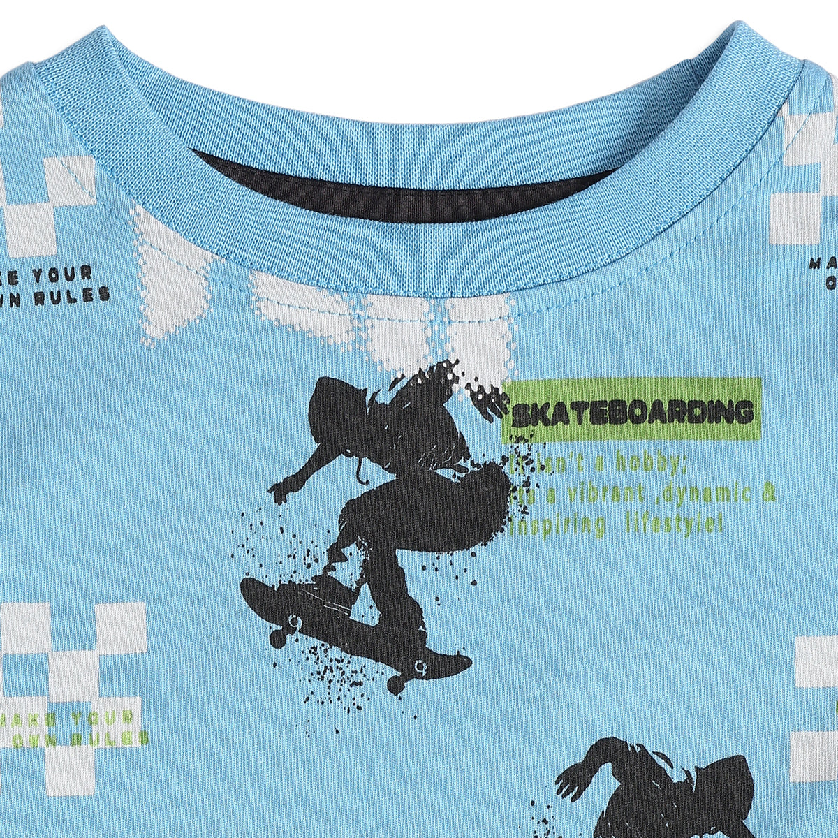 Boys Sky Blue Cotton Skateboard Print T-Shirt Regular Fit Casual Kids T-Shirt