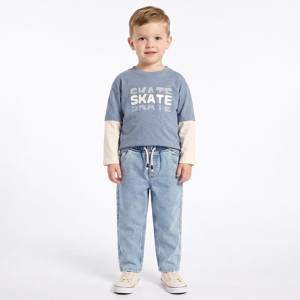 Boys Blue and Cream Cotton Skate Graphic T-Shirt Regular Fit Casual Kids T-Shirt