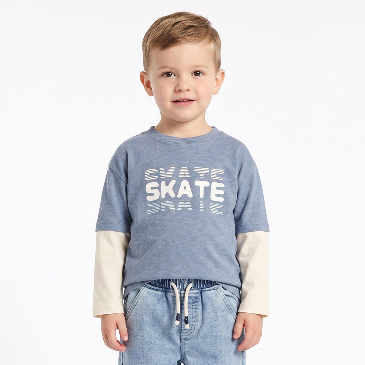 Boys Blue and Cream Cotton Skate Graphic T-Shirt Regular Fit Casual Kids T-Shirt