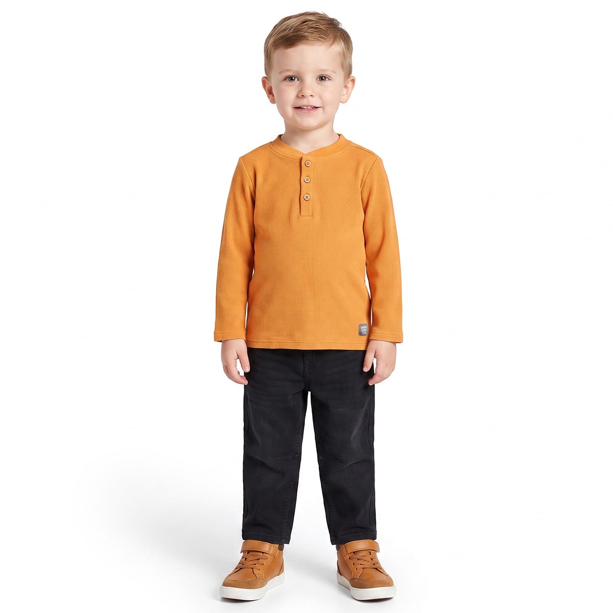 Baby Boys Mustard Cotton Blend Textured Henley T-Shirt Regular Fit Casual Wear