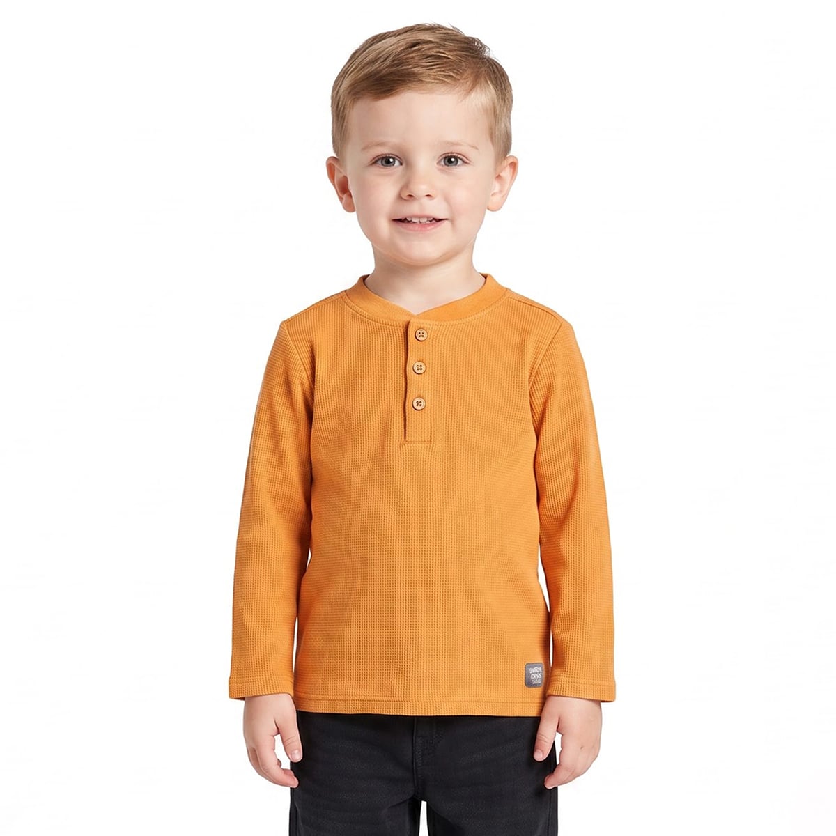 Baby Boys Mustard Cotton Blend Textured Henley T-Shirt Regular Fit Casual Wear
