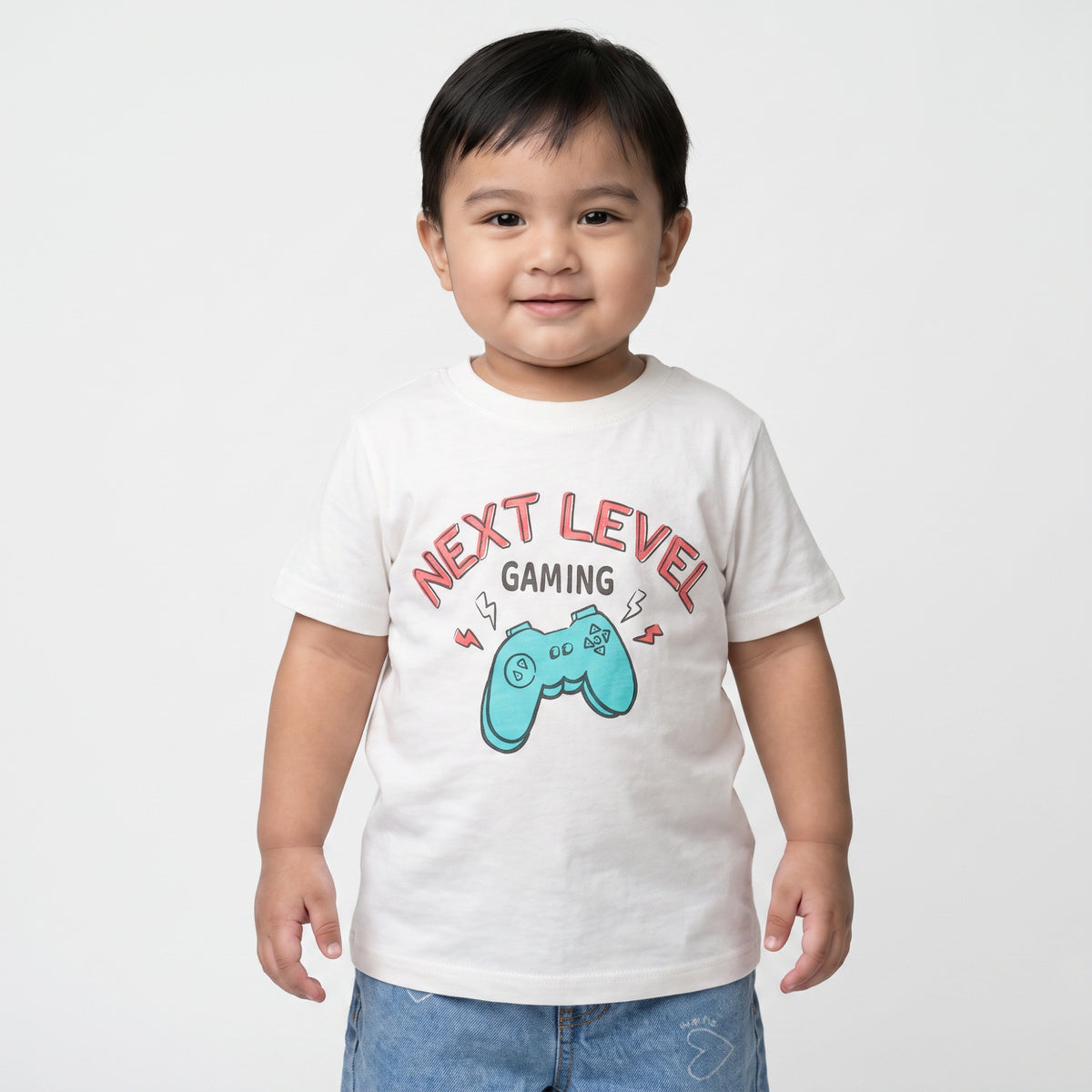 Boys Off White Cotton Gaming Graphic T-Shirt Regular Fit Casual Kids T-Shirt